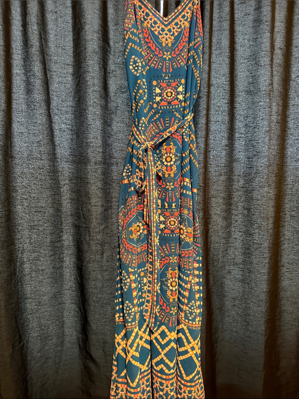 Bohemian blue Maxi Dress with Red & Gold Print